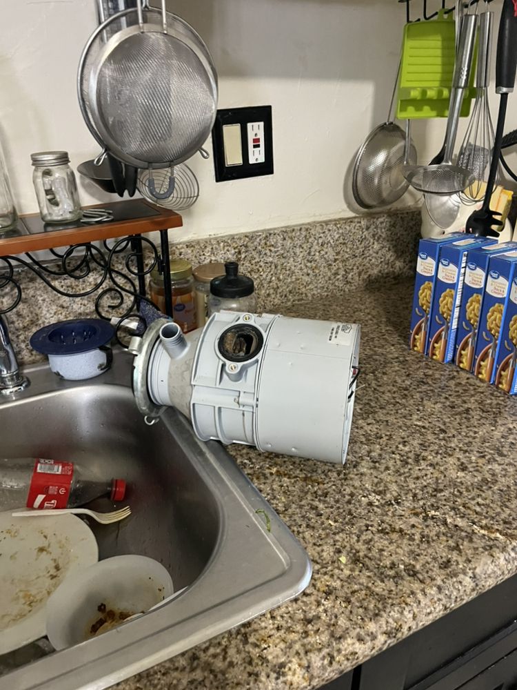 Old disposal removed from sink — before replacement